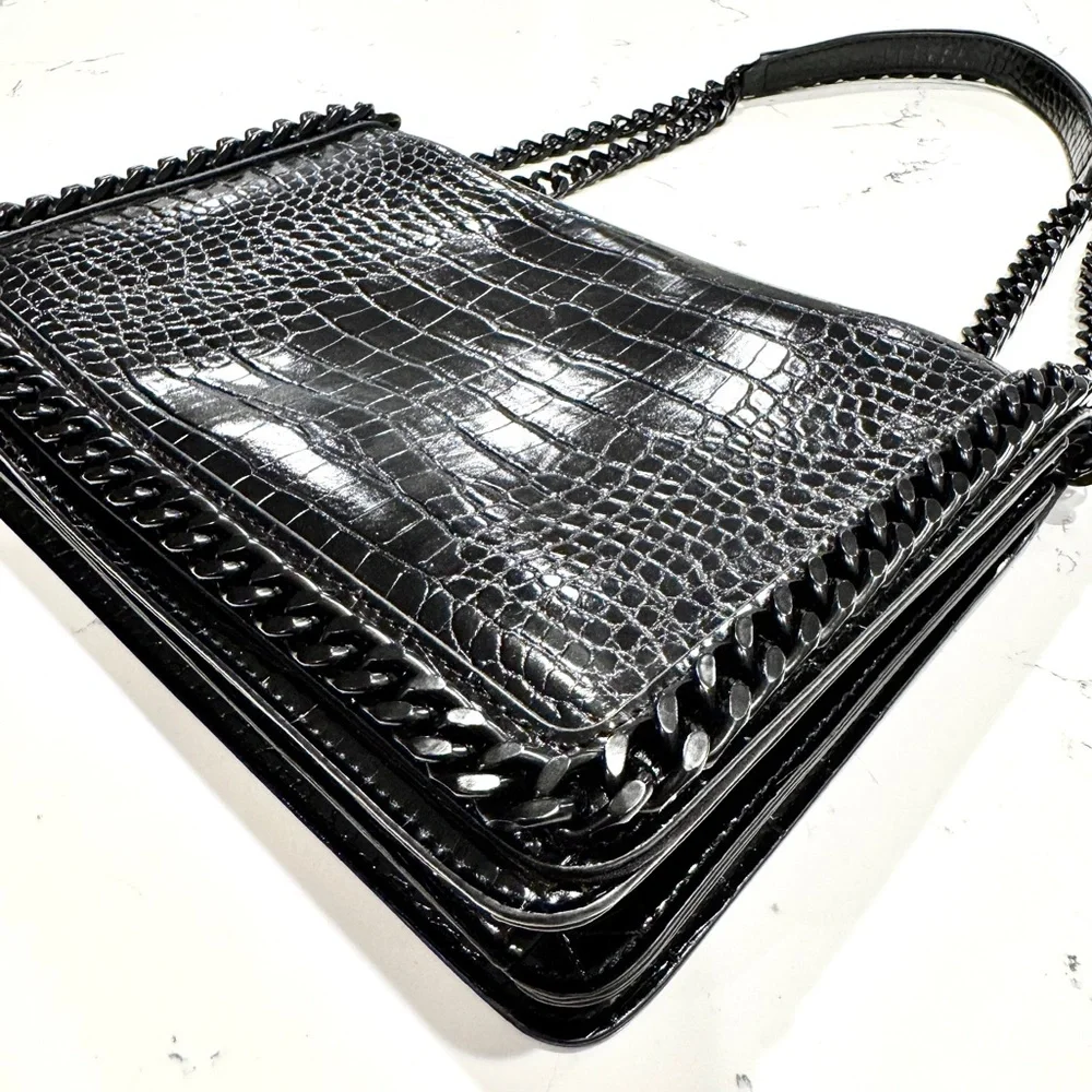 Aldo Black Crocodile Embossed Black Metal Chain Crossbody Bag and Handbag NWOT - Picture 8 of 11